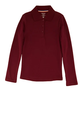 French Toast Girls 4-6x Picot Collar Long Sleeve Interlock Polo, Burgundy, Size 4-5