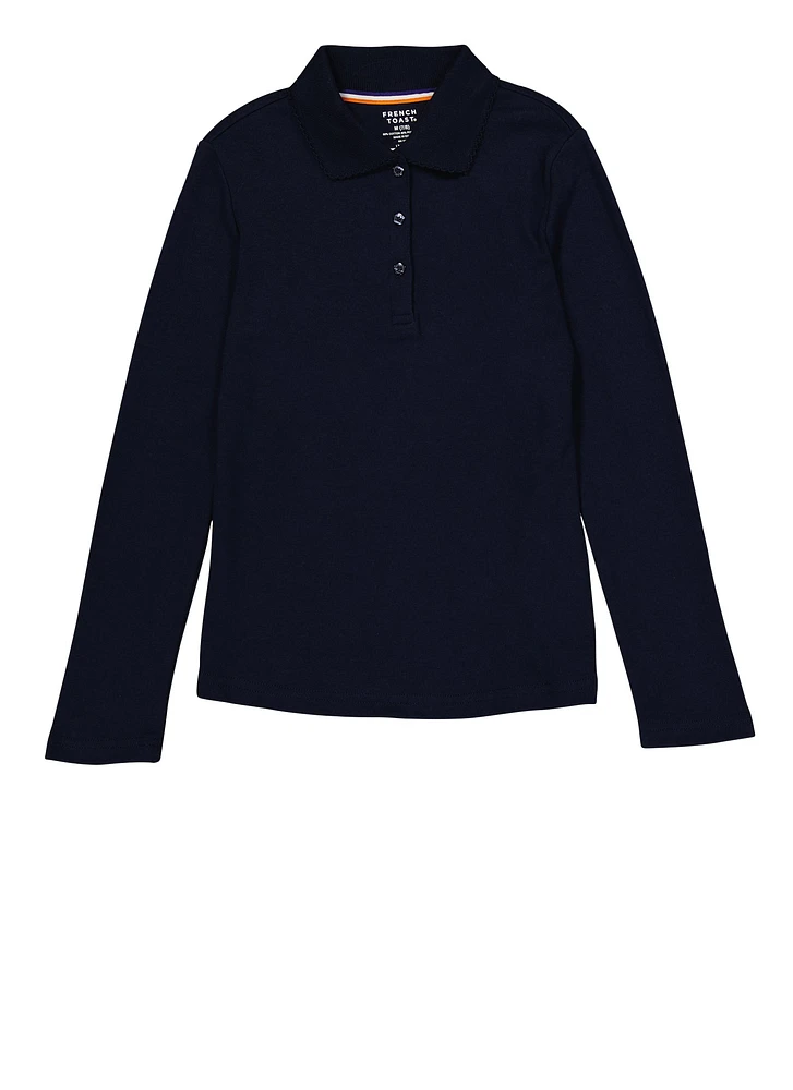 French Toast Girls 7-14 Picot Collar Long Sleeve Polo, Blue, Size 10-12