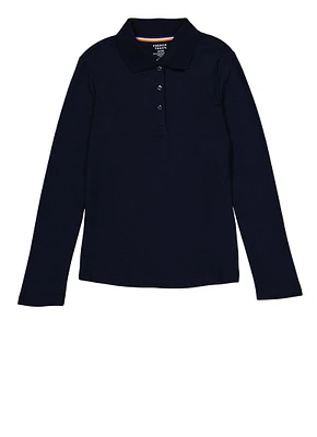 French Toast Girls 7-14 Picot Collar Long Sleeve Polo, Blue, Size 10-12