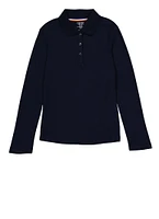 French Toast Girls 7-14 Picot Collar Long Sleeve Polo, Blue, Size 10-12