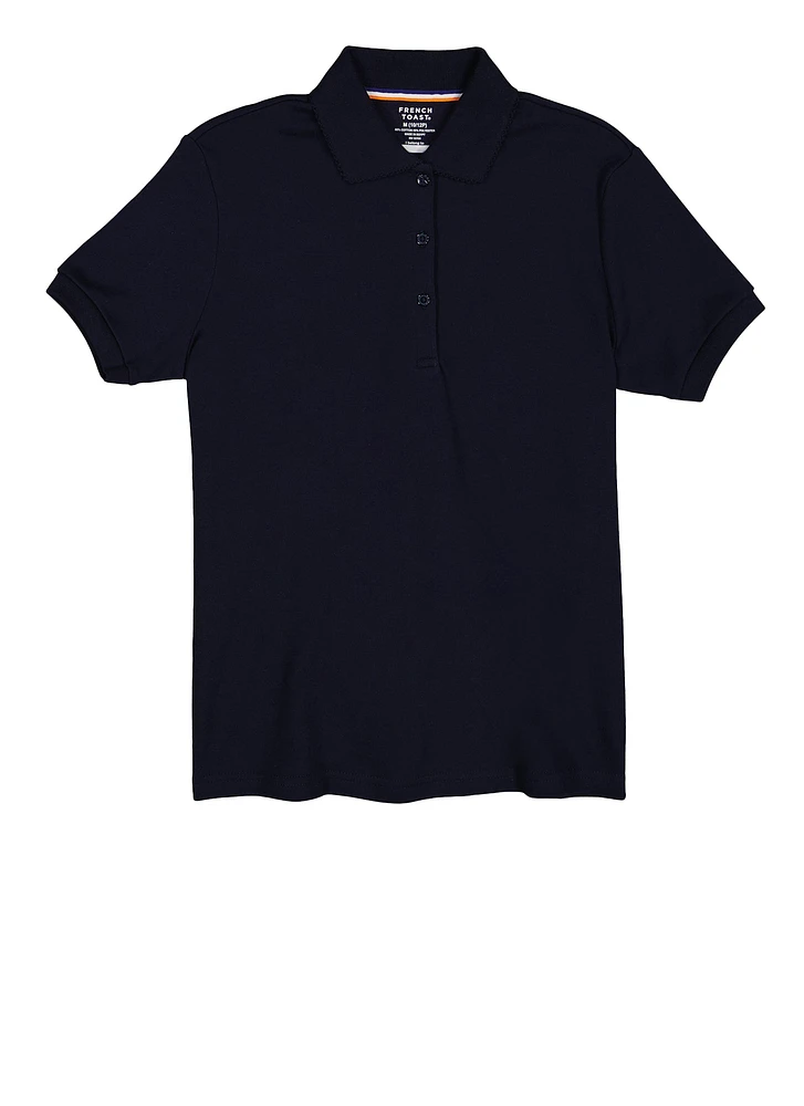 French Toast Girls Plus Size 10.5-20.5 Solid Picot Collar Polo Shirt, Blue, Size 10-12P