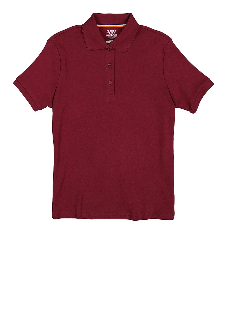 French Toast Girls Plus Size 10.5-20.5 Picot Collar Interlock Polo Shirt, Burgundy, Size 14-16P