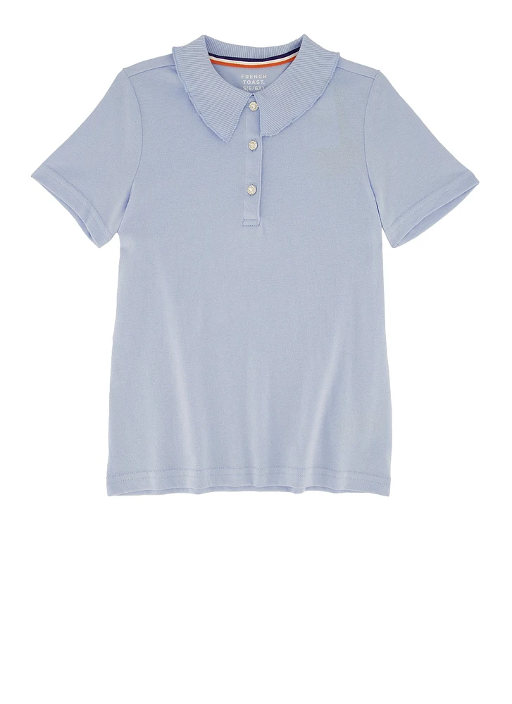 French Toast Girls 4-6x Rhinestone Button Short Sleeve Polo, Blue, Size 4-5