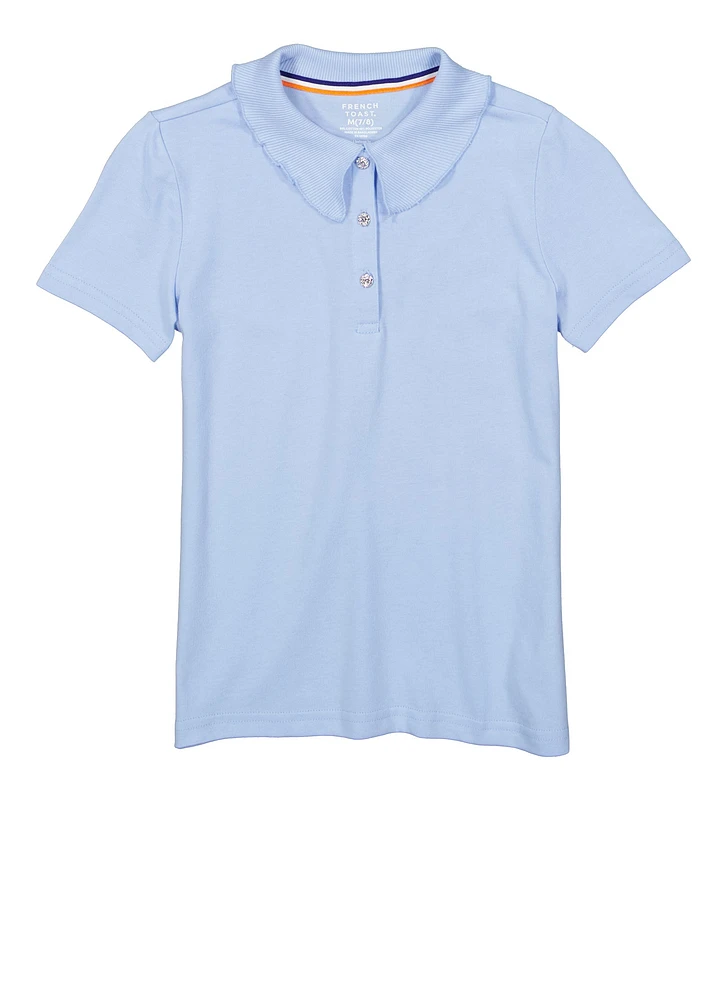 French Toast Girls 7-14 Lettuce Edge Rhinestone Button Polo Shirt, Blue, Size 10-12