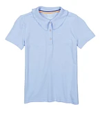 French Toast Girls 7-14 Lettuce Edge Rhinestone Button Polo Shirt, Blue, Size 10-12