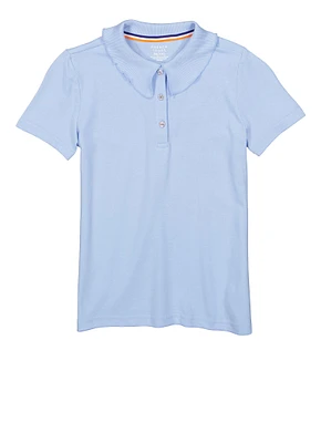 French Toast Girls 7-14 Lettuce Edge Rhinestone Button Polo Shirt, Blue, Size 10-12