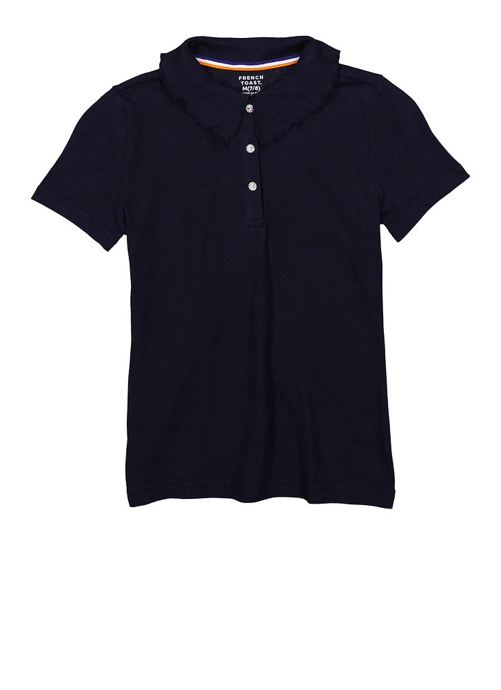 French Toast Girls 7-16 Rhinestone Button Short Sleeve Polo Shirt, Blue, Size 14-16