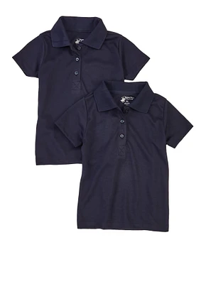 Girls Solid Interlock Short Sleeve Polo Shirts 2 Pack, Blue, Size 5-6
