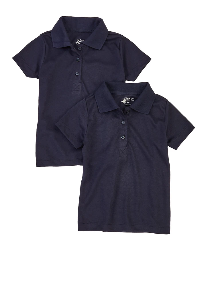 Girls Solid Interlock Short Sleeve Polo Shirts 2 Pack, Blue, Size 5-6