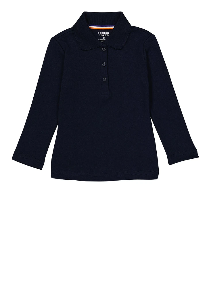 French Toast Girls 2T-4T Interlock Long Sleeve Polo Shirt, Blue, Size 4T