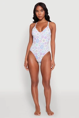 Womens V Neck Flower Print One Piece Swimsuit, Multi, Size S