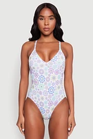 Womens V Neck Flower Print One Piece Swimsuit, Multi, Size S