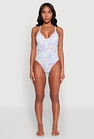 Womens V Neck Flower Print One Piece Swimsuit, Multi, Size S