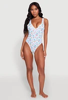 Womens V Neck Flower Print One Piece Swimsuit, Multi, Size S