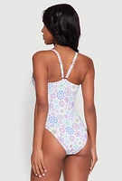 Womens V Neck Flower Print One Piece Swimsuit, Multi, Size S