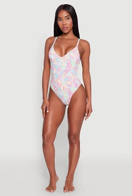 Womens Border Print One Piece Swimsuit, Multi, Size L
