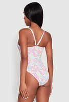 Womens Border Print One Piece Swimsuit, Multi, Size L