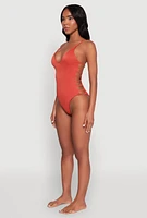 Womens Ribbed Knit Caged Side One Piece Swimsuit, Orange, Size L