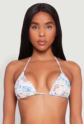 Womens Tropical Postage Print Triangle Bikini Top, Multi, Size M