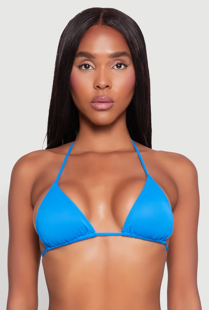 Womens Tie Back Halter Neck Triangle Bikini Top, Blue,