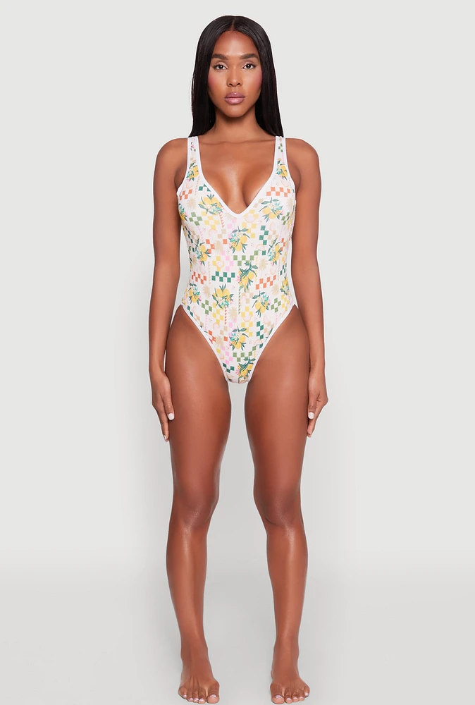 Womens Citrus Checkered Print One Piece Swimsuit, Multi, Size L