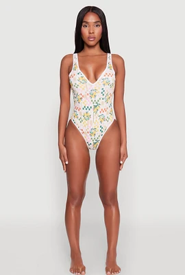 Womens Citrus Checkered Print One Piece Swimsuit, Multi, Size S