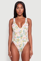 Womens Citrus Checkered Print One Piece Swimsuit, Multi, Size L