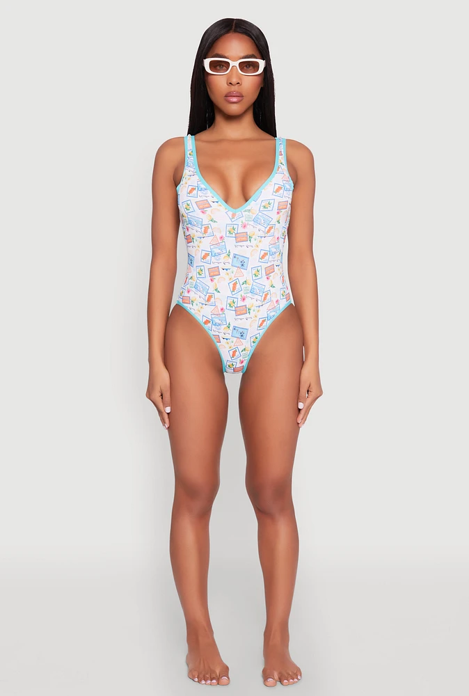 Womens Tropical Stamp Print One Piece Swimsuit, Multi,