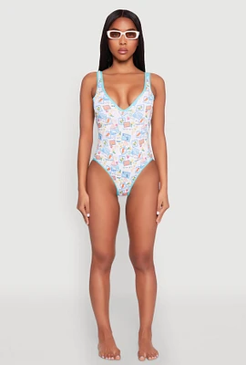 Womens Tropical Stamp Print One Piece Swimsuit, Multi,