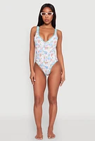 Womens Tropical Stamp Print One Piece Swimsuit, Multi,