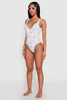 Womens Tropical Stamp Print One Piece Swimsuit, Multi,