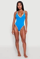 Womens Contrast Trim Open Back One Piece Swimsuit, Blue, Size XL