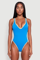 Womens Contrast Trim Open Back One Piece Swimsuit, Blue, Size S