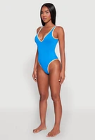 Womens Contrast Trim Open Back One Piece Swimsuit, Blue,