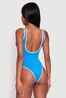 Womens Contrast Trim Open Back One Piece Swimsuit, Blue, Size XL
