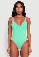 Womens Neon Trim Pastel One Piece Swimsuit, Green, Size M