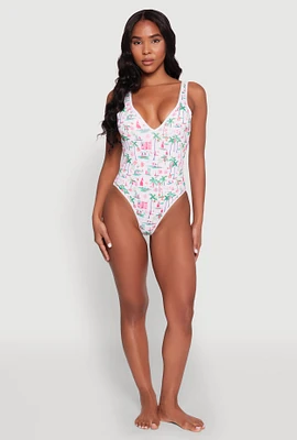 Womens Palm Tree Tropical Print One Piece Swimsuit, Multi, Size M