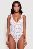 Womens Palm Tree Tropical Print One Piece Swimsuit, Multi, Size M