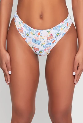 Womens Tropical Postage Print Bikini Bottom, Multi, Size L