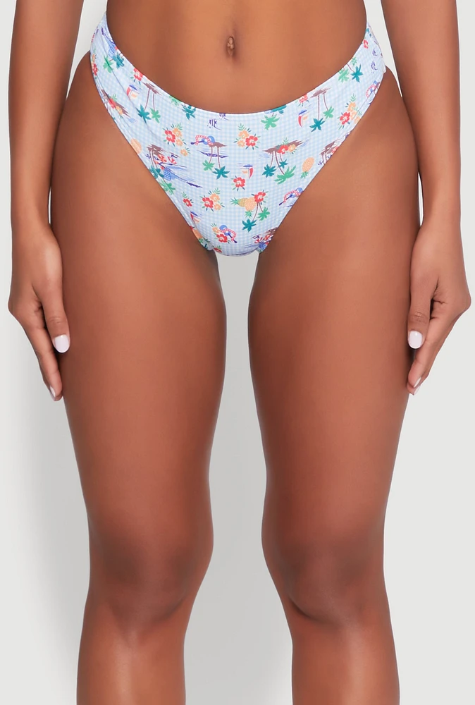 Womens Gingham Island Print Hipster Swim Bikini Bottoms, Blue, Size XL