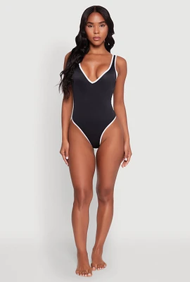 Womens Contrast Trim V Neck One Piece Swimsuit, Black, Size L