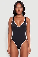Womens Contrast Trim V Neck One Piece Swimsuit, Black, Size L