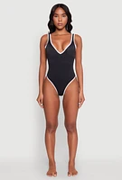 Womens Contrast Trim V Neck One Piece Swimsuit, Black, Size L