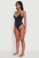 Womens Contrast Trim V Neck One Piece Swimsuit, Black, Size L