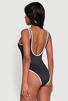 Womens Contrast Trim V Neck One Piece Swimsuit, Black, Size L