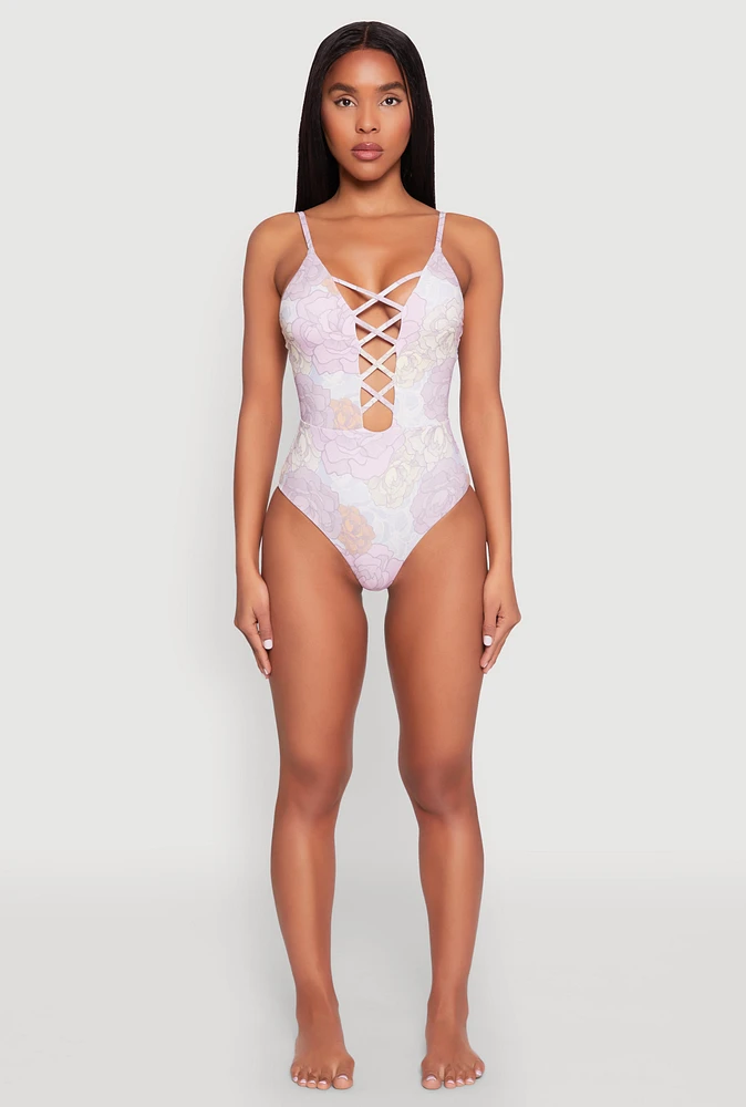 Womens Floral Print Caged Front One Piece Swimsuit, Purple, Size XL