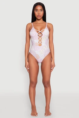 Womens Floral Print Caged Front One Piece Swimsuit, Purple, Size XL