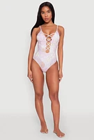 Womens Floral Print Caged Front One Piece Swimsuit, Purple, Size XL