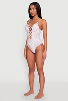 Womens Floral Print Caged Front One Piece Swimsuit, Purple, Size XL