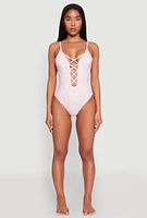 Womens Butterfly Print Caged Front One Piece Swimsuit, Pink, Size L